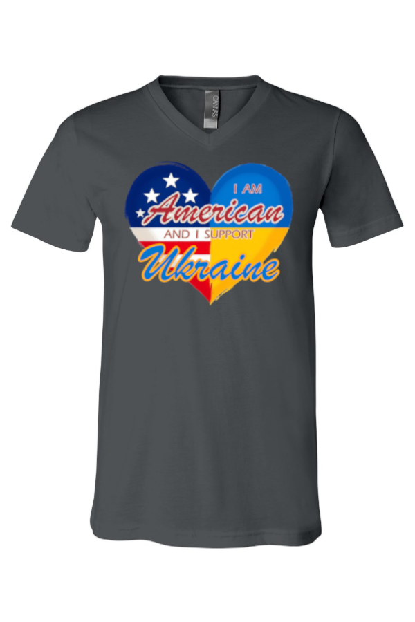 Adult v-neck t-shirt "I am American and I support Ukraine"