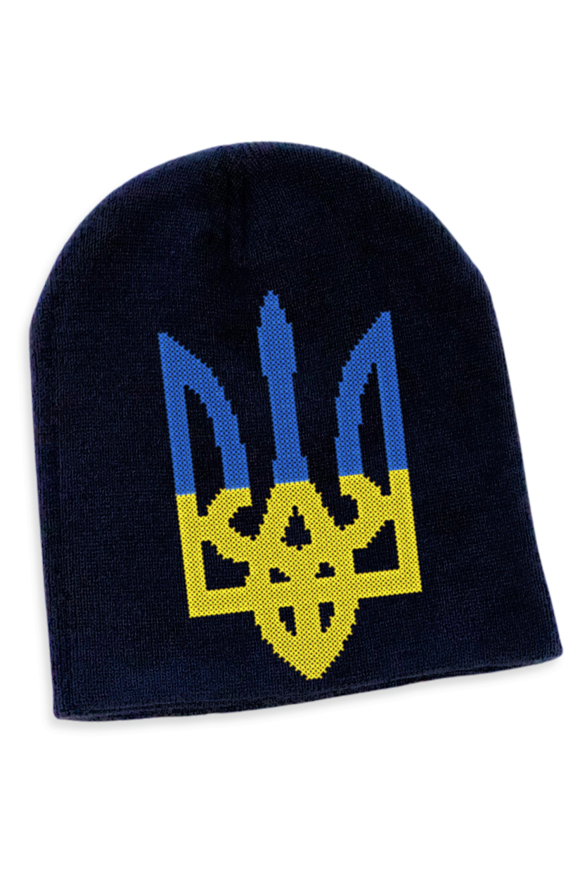 Knitted beanie hat with cross stitch embroidery "Tryzub"