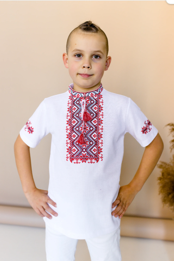 Boy's "Zoryan" short sleeve white shirt with red embroidery