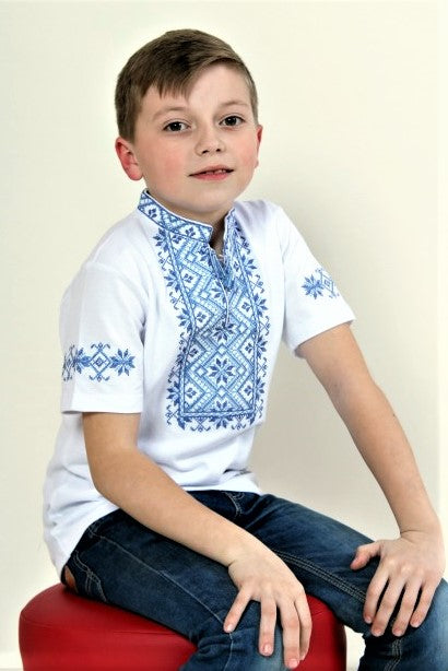 Boy's short sleeve white shirt with blue embroidery "Zoryan"