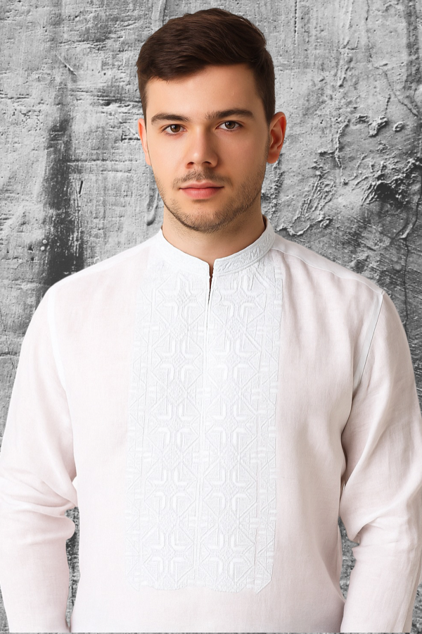 Men’s white linen Vyshyvanka with white embroidery