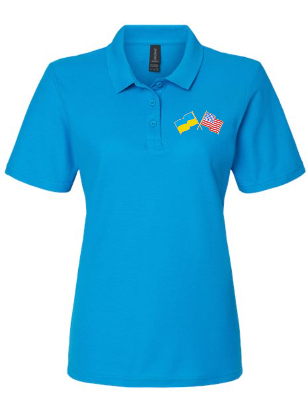 Women's polo shirt with Ukrainian and American flags