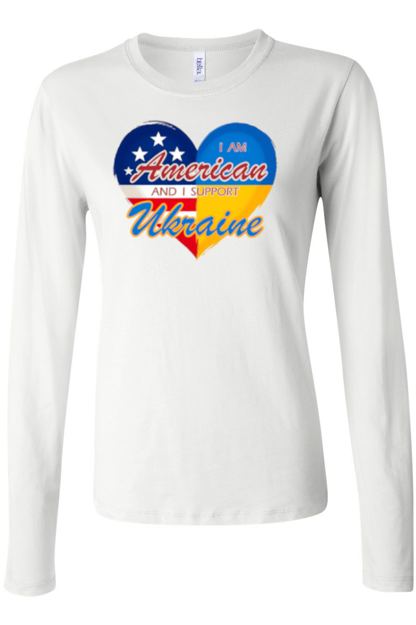 Female long sleeve top "I am American and I support Ukraine"