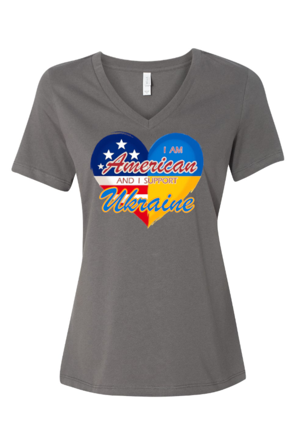 Female fit v-neck t-shirt "I am American and I support Ukraine"