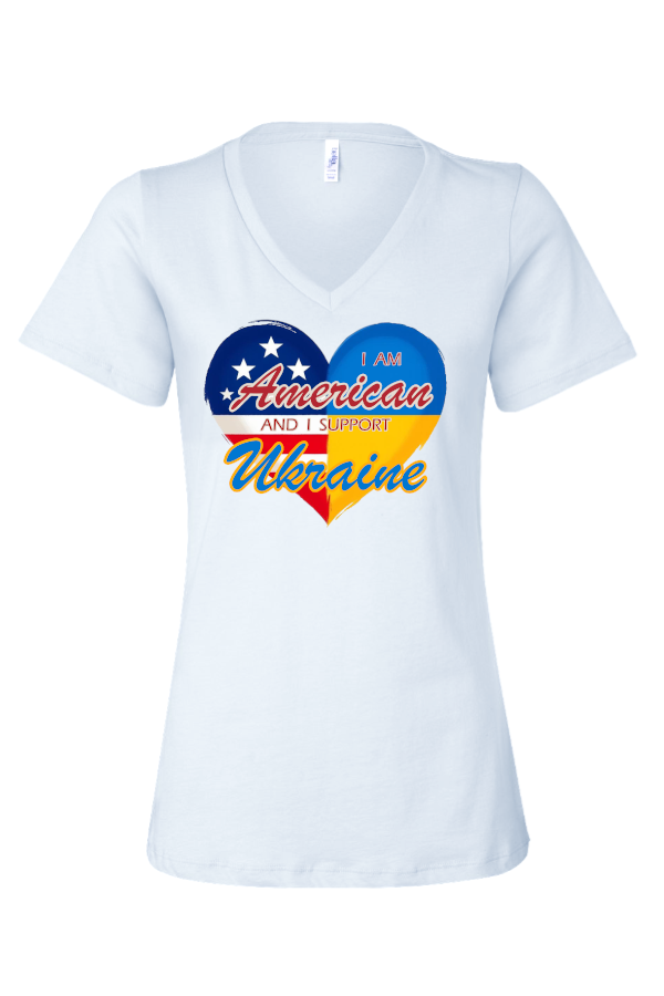 Female fit v-neck t-shirt "I am American and I support Ukraine"