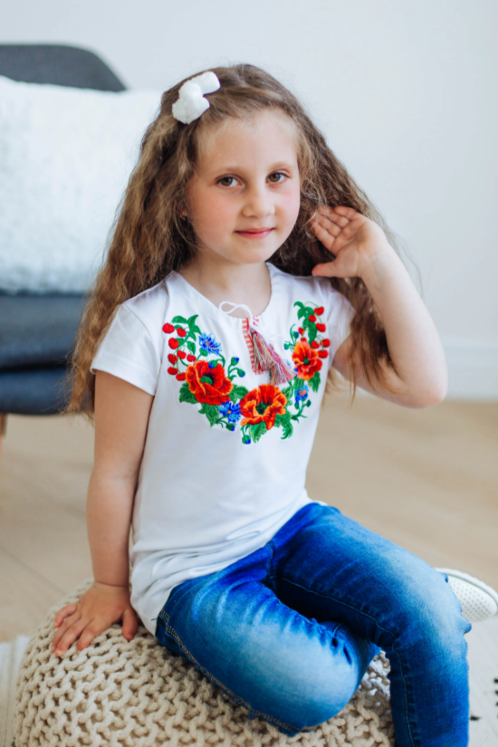 Girl's "Poppies & cherries" short sleeve embroidered white shirt