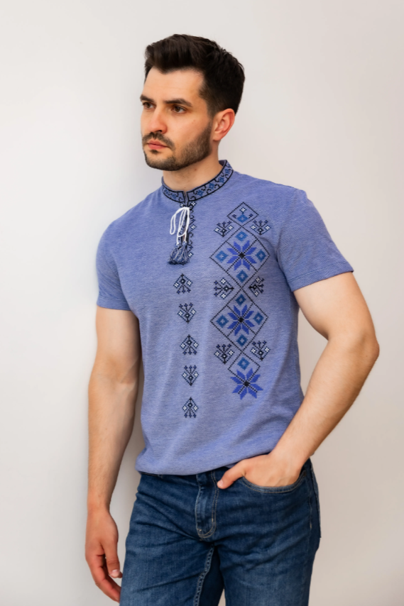 Men's "Svit" short sleeve blue shirt with blue embroidery