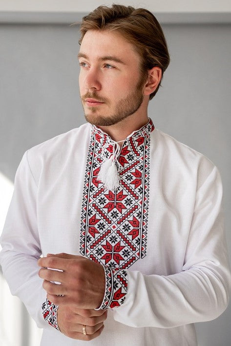 Men's white Vyshyvanka with red and black embroidery