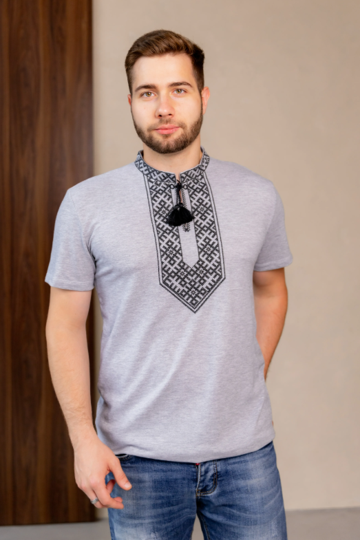 Men's "Vasyl" short sleeve grey shirt with black embroidery