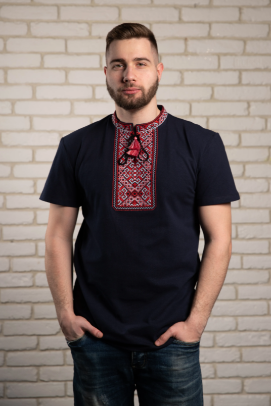 Men's short sleeve black shirt with red embroidery Ridna