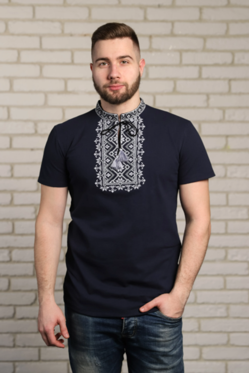 Men's short sleeve black shirt with grey embroidery "Zoryan"