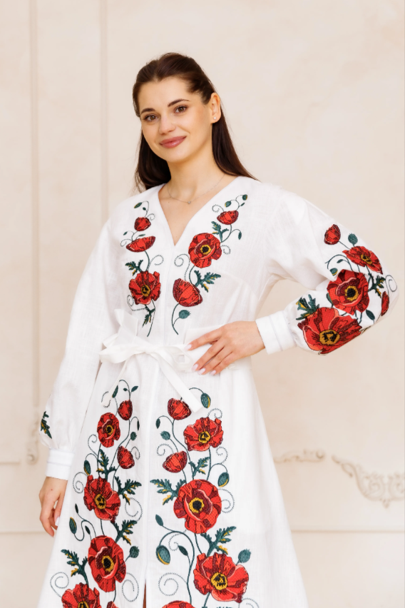 Ukrainian embroidered eco dress "Poppy dream" white