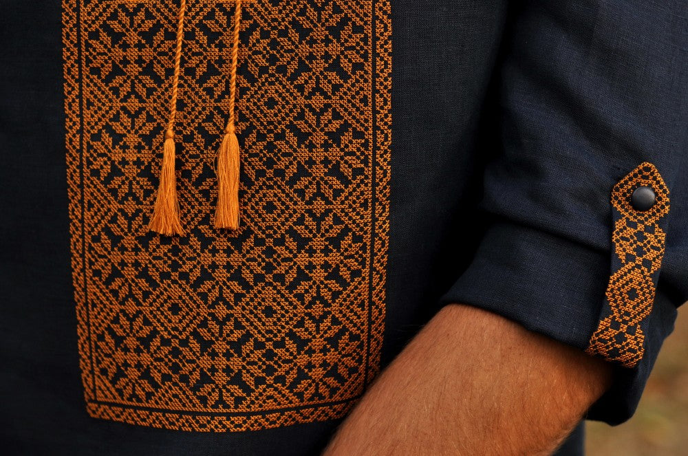Men's linen Vyshyvanka. Navy shirt with orange embroidery