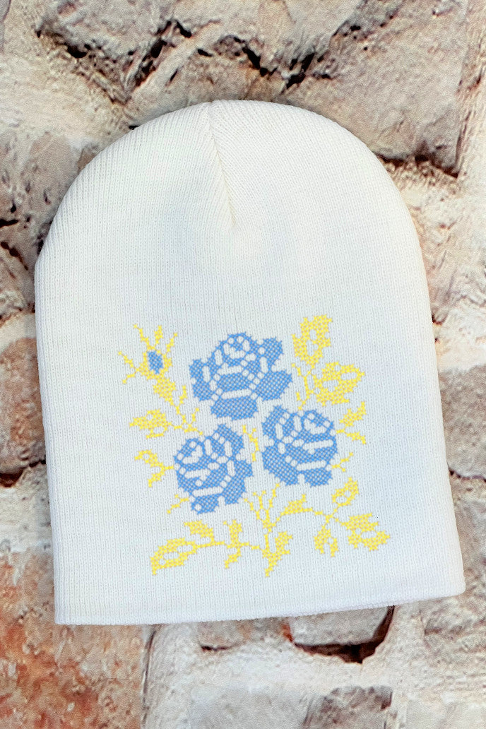 Knitted embroidered beanie hat "Roses"