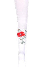 Girl's dress tights with Poppy flower design. White.