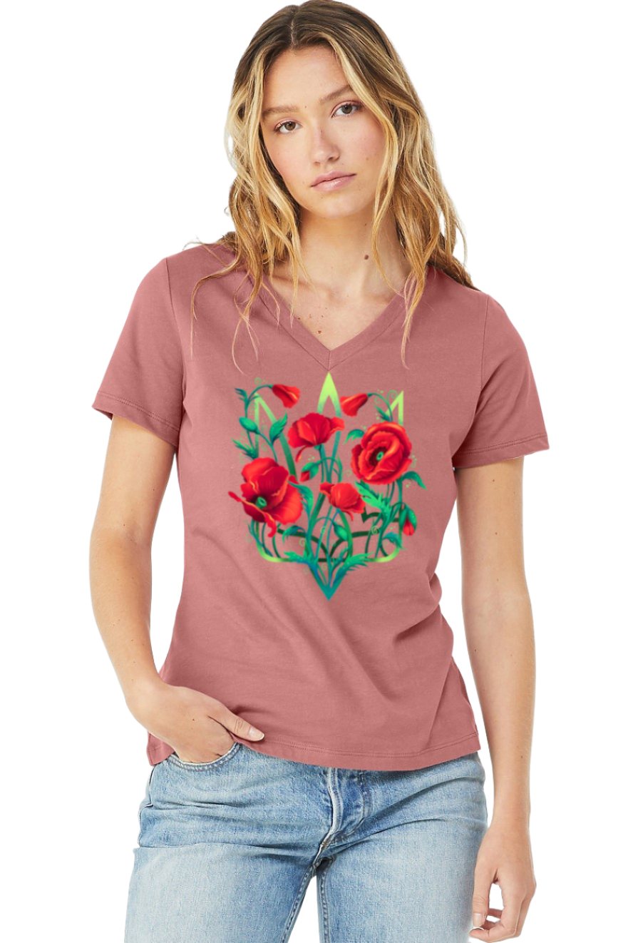 Female fit v-neck t-shirt "Poppy Tryzub"