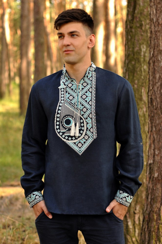 Men's Vyshyvanka. Ukrainian shirt "Bandura" navy