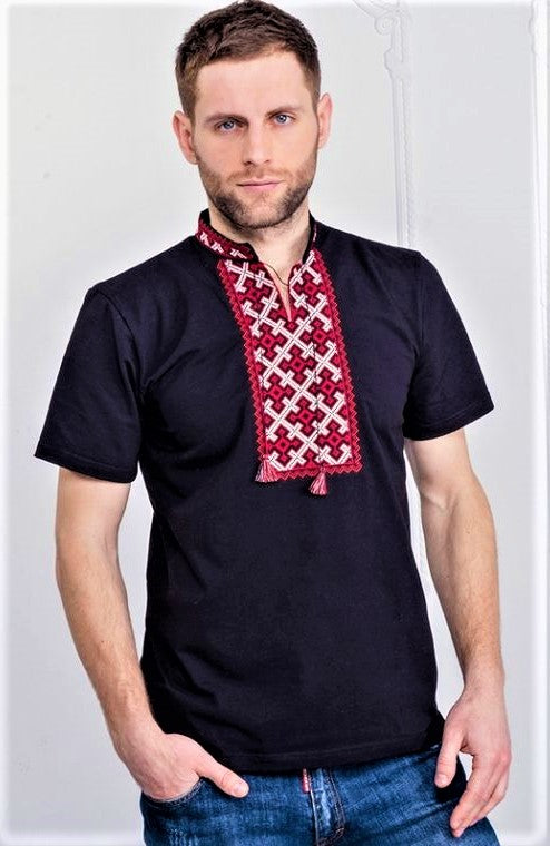 Men's short sleeve shirt with red embroidery "Cossack cross". Black